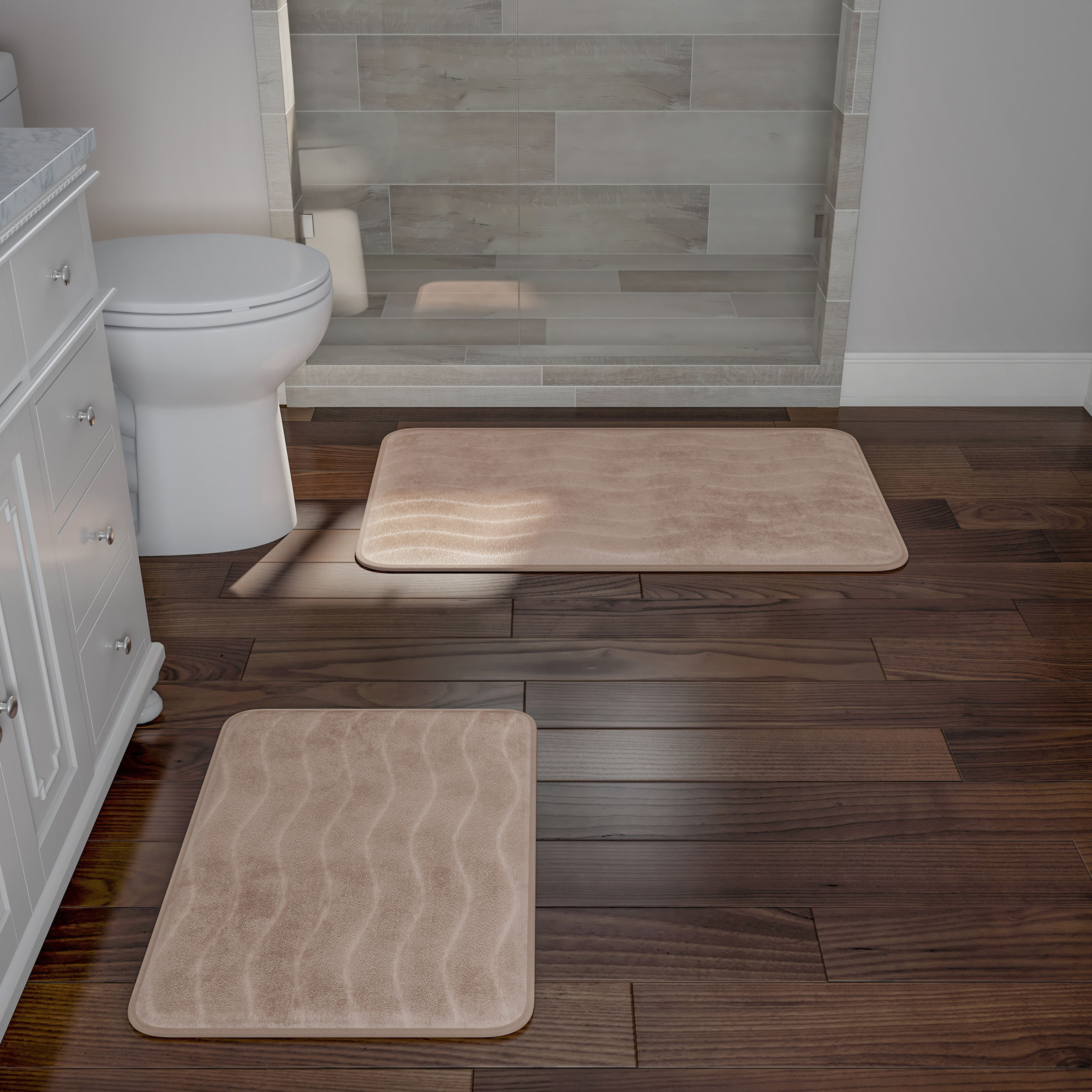 Bathroom Rug Set- 2-Piece Memory Foam Bath Mats-Wavy Microfiber Top-Non-Slip Absorbent Runner for Shower, Tub, Sink, or Kitchen by Somerset Home (Taupe)
