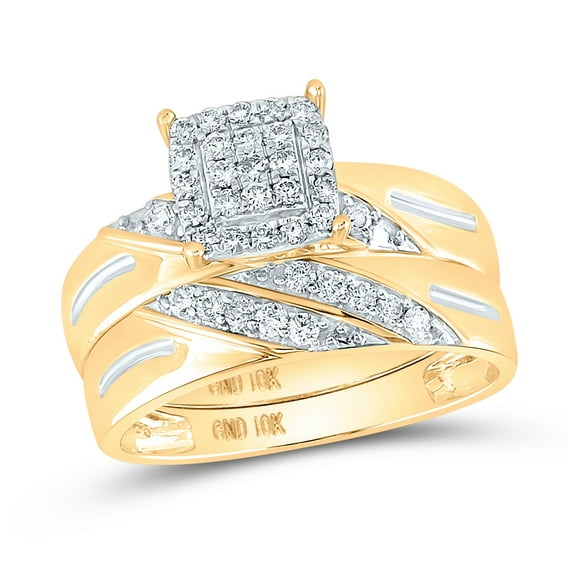 10K Yellow Gold His Hers Round Diamond Square Matching Wedding Set 5/8 Cttw, Womens Size: 5-10, Mens Size: 7-13