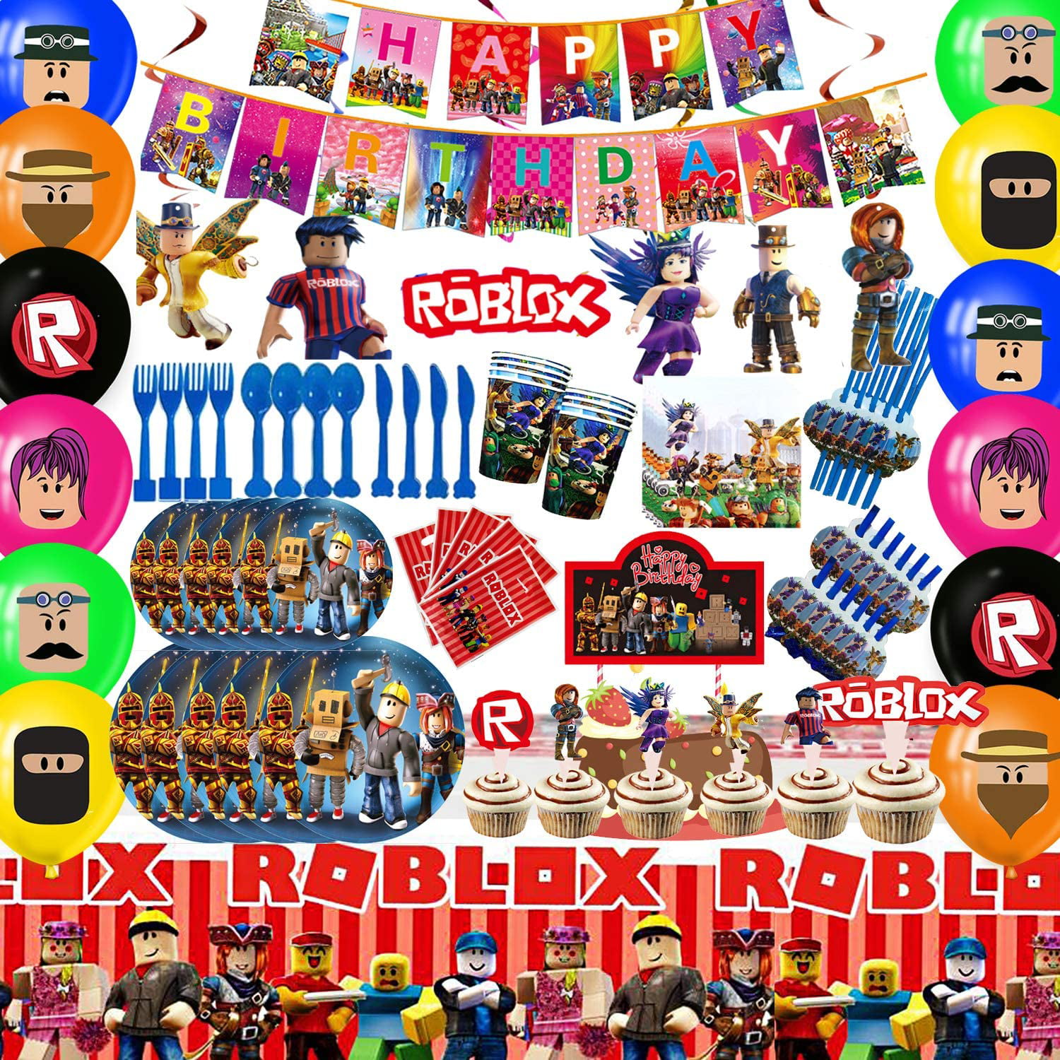 163pcs Roblox Birthday Party Supplies Robot Blocks Party Decorations Flatware Spoons Fork Knife Plates Cups Table Covers Banner Napkins Balloon And More Walmart Com Walmart Com