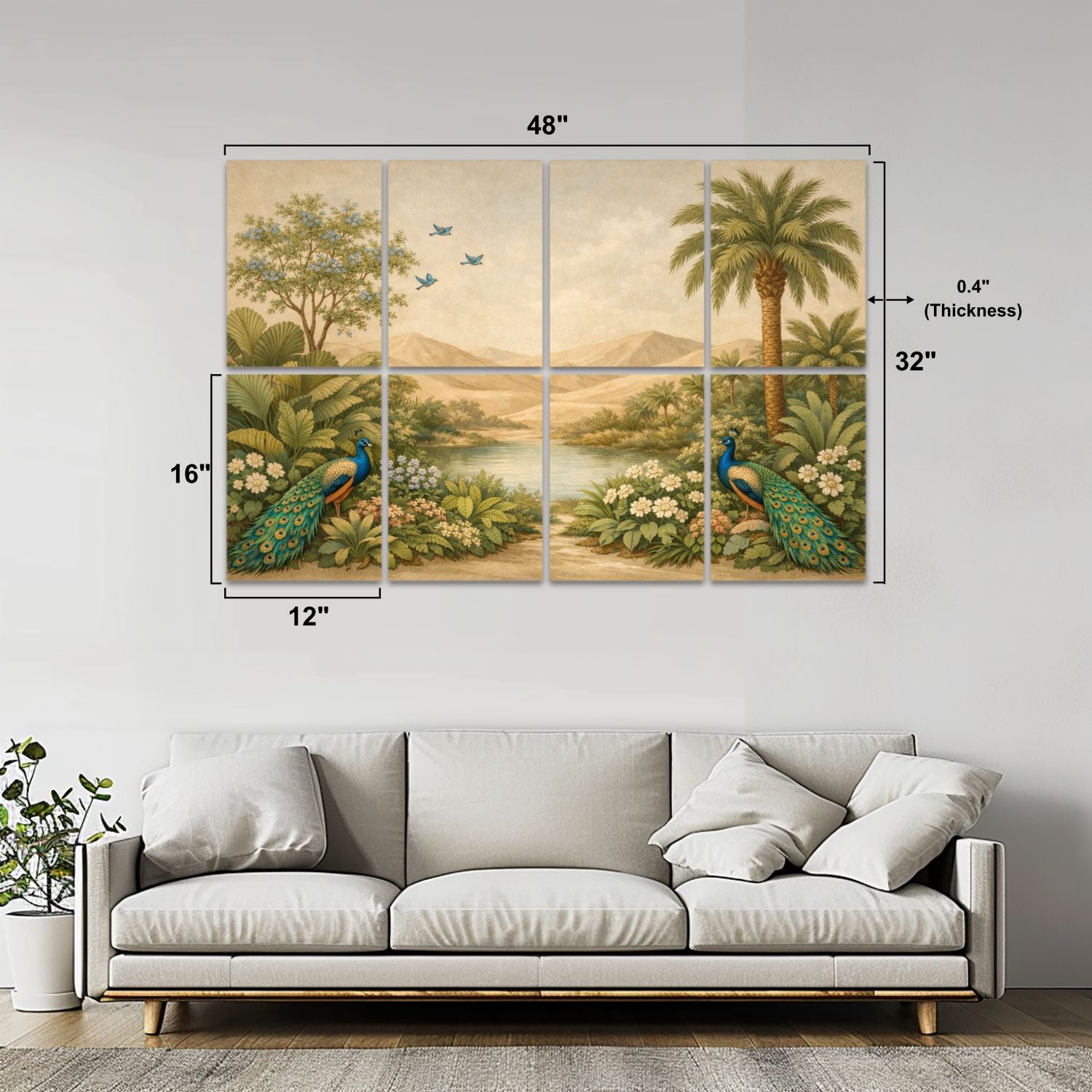 8 Pack Art Acoustic Panels Tropical Jungle Exotic Peacocks Palm Trees Self Adhesive Absorbing Dampening Panels Self Adhesive for Nursery Game Room Bedroom 48"x32"