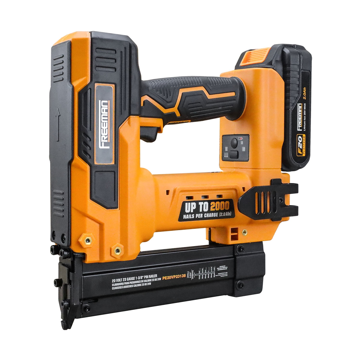 Freeman PE20VP23138 20 Volt Cordless 23-Gauge 1-3/8" Pin Nailer Kit with Lithium Ion Battery, Charger, Bag, and Nails (1000 Count) – 2000 Shots per Charge