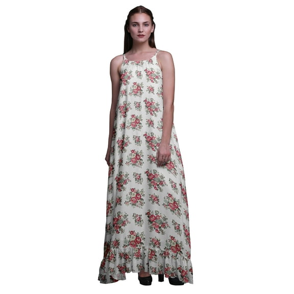 Bimba White3 Floral Leaves & Begonia Printed Nightwear For Women Long Spaghetti Strap Maxi Dress Sleepwear Gown Medium