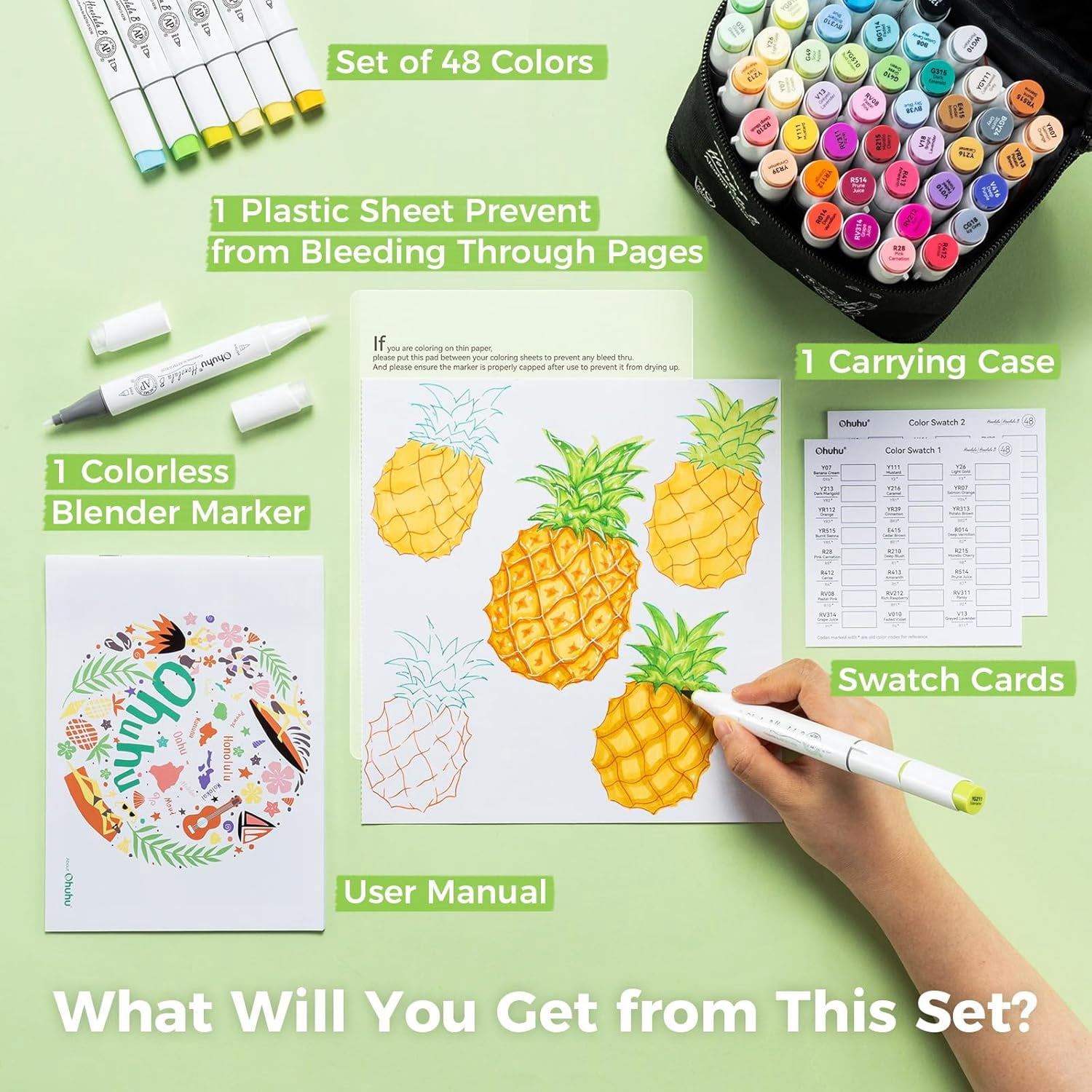 Ohuhu Alcohol Markers 48 Colors -Brush & Fine -Honolulu B -Refillable  for Artist Adults Coloring Illustration