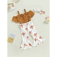 thumbnail image 3 of Spewahor Infant Baby Toddler Girls Summer Jumpsuit Set, Short Sleeve Off Shoulder Romper + Leopard/Flower Flare Pants + Bow Headband 0-18Months, 3 of 9