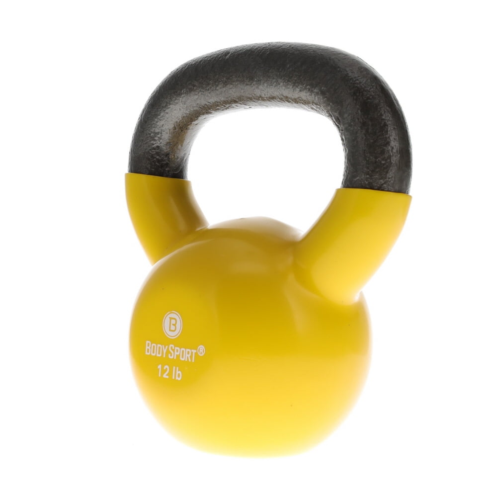 Body Sport Cast Iron Vinyl Coated Kettlebell, 12 lb. - Professional Weight Training Equipment for Home & Gym Workouts (Yellow)