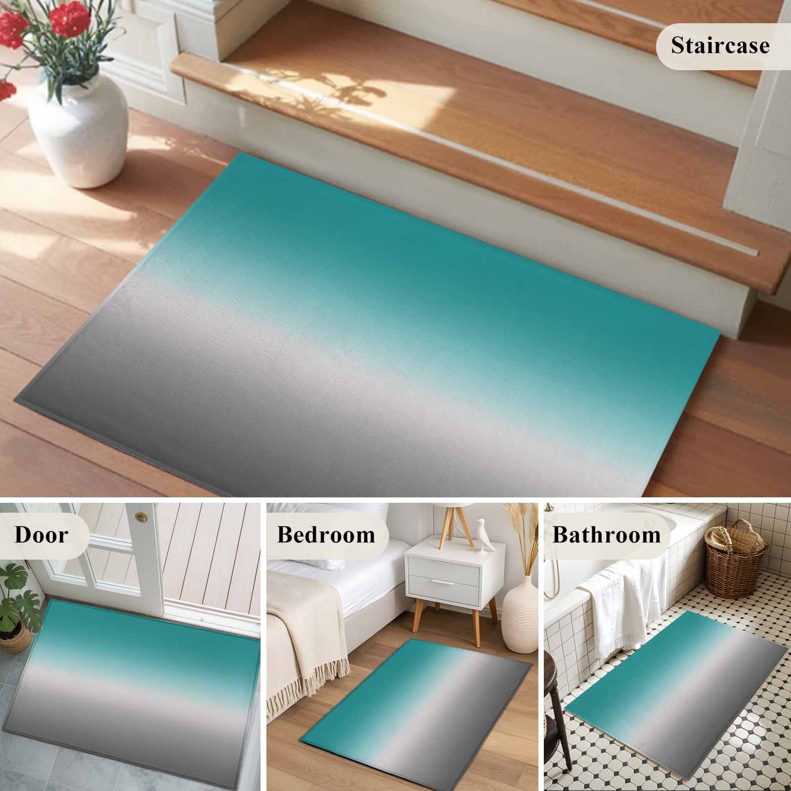 Teal Grey Ombre Bathroom Mat 2x3 FT, Non Slip Small Kitchen Mat, Turquoise Gradient Modern Abstract Art Washable Soft Backed Front Door Throw Rug Indoor Outdoor Doormat for Entryway Sink