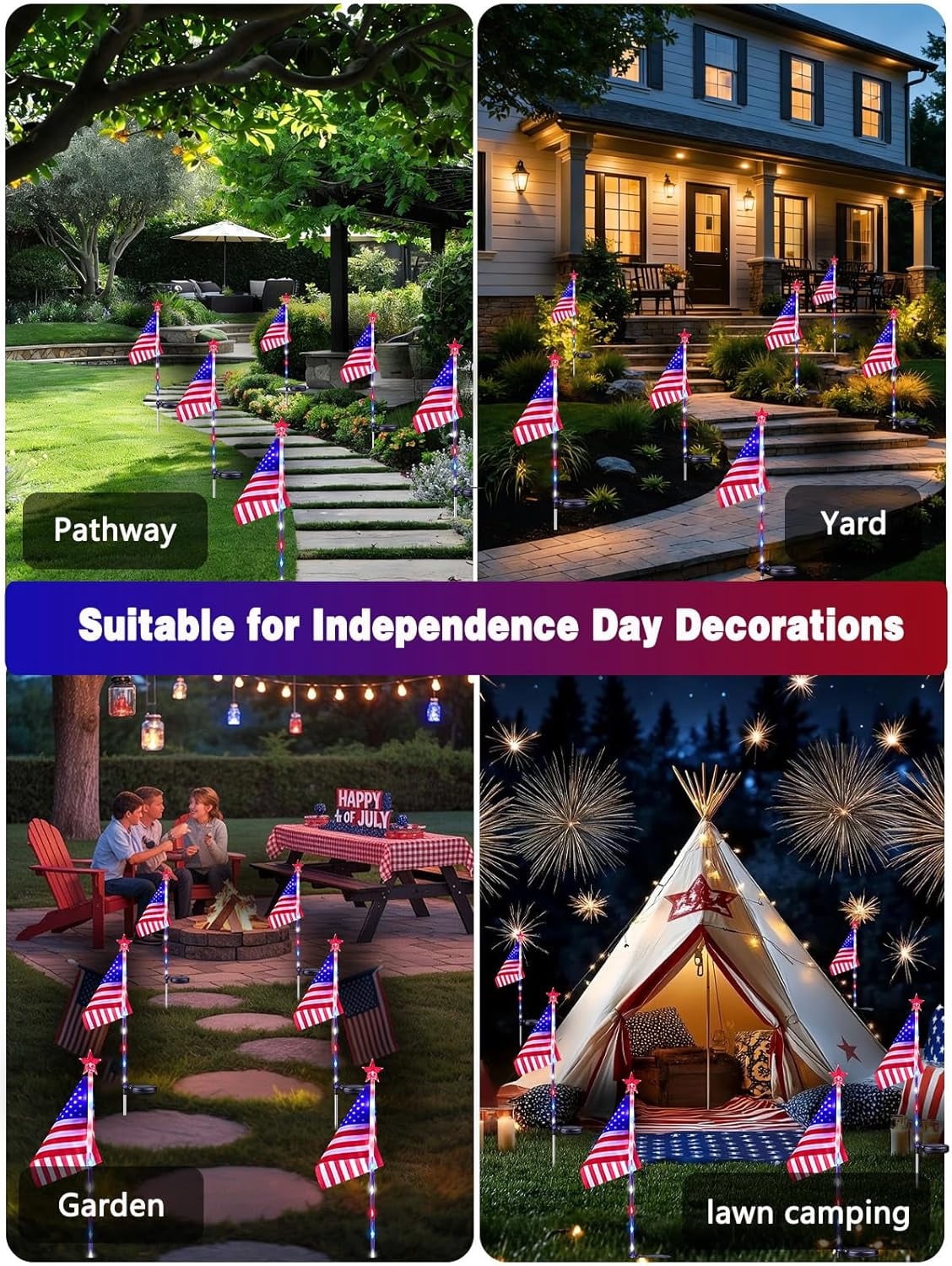 BZPIZ American Flag Solar Lights Outdoor, 4th of July Decorations Red White and Blue Star Lights, 2 Modes Waterproof Patriotic Lights for Anniversary Independence Memorial Day Garden Yard