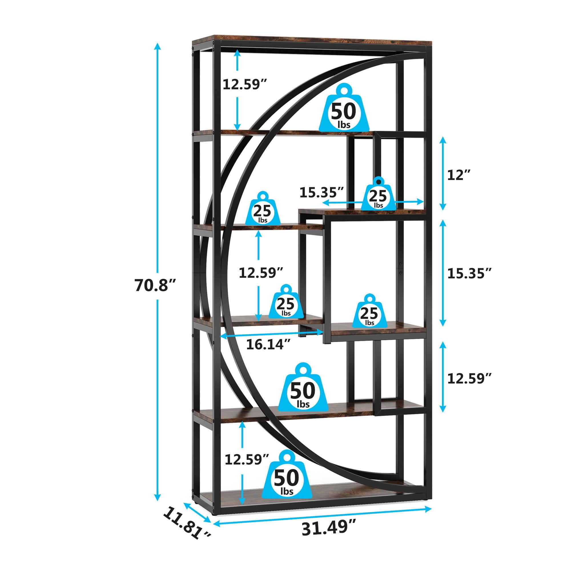 MAYEERTY 70.8 Inch Tall Modern Geometric Bookcase, 5-Tier Etagere with 8 Open Storage Shelves, Gray Wood & Black Metal Frame Display Rack for Living Room Bedroom Home Office