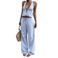 thumbnail image 2 of KIHOUT Women's Striped Halter Neck V-Neck Top and Drawstring Waist Wide Leg Pants Two Piece Set with Pockets for Casual Beachwear and Everyday Wear, 2 of 8