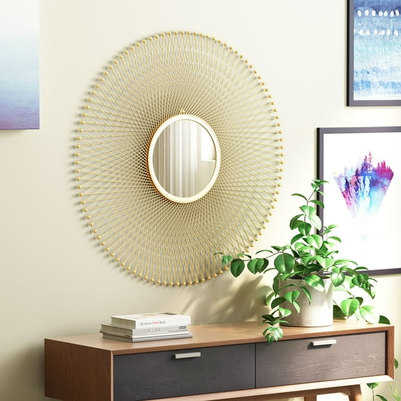 Glow Round Mirror Gold Wall Decor, Glam Style, Hangs vertically only, Iron, Decor Mirrors
