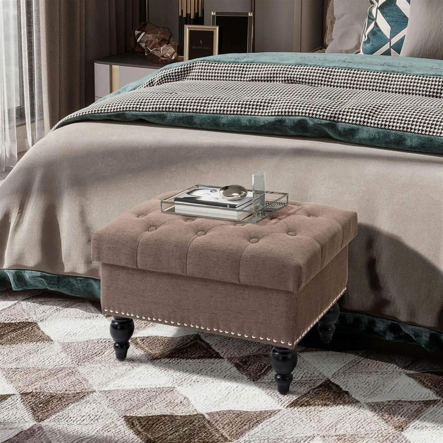 Demi Bonn 25" Storage Ottoman with Lift-Top Lid, Wooden Legs, Button Tufted Fabric Bench for Living Room, Brown