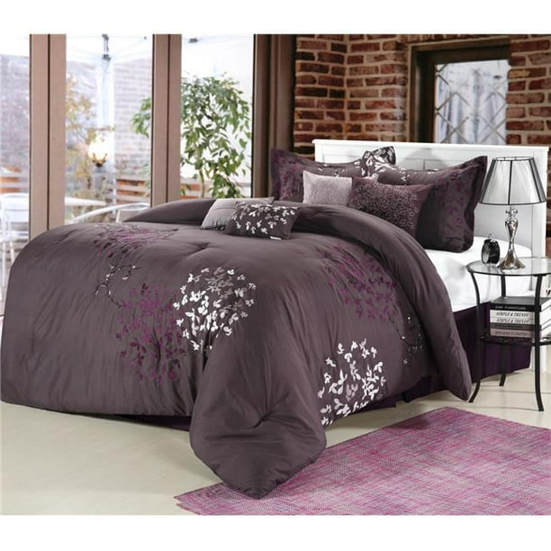 Chic Home 25cq104 Us Cheila Embroidered Comforter Set Plum Queen 8 Piece Walmart Com Walmart Com