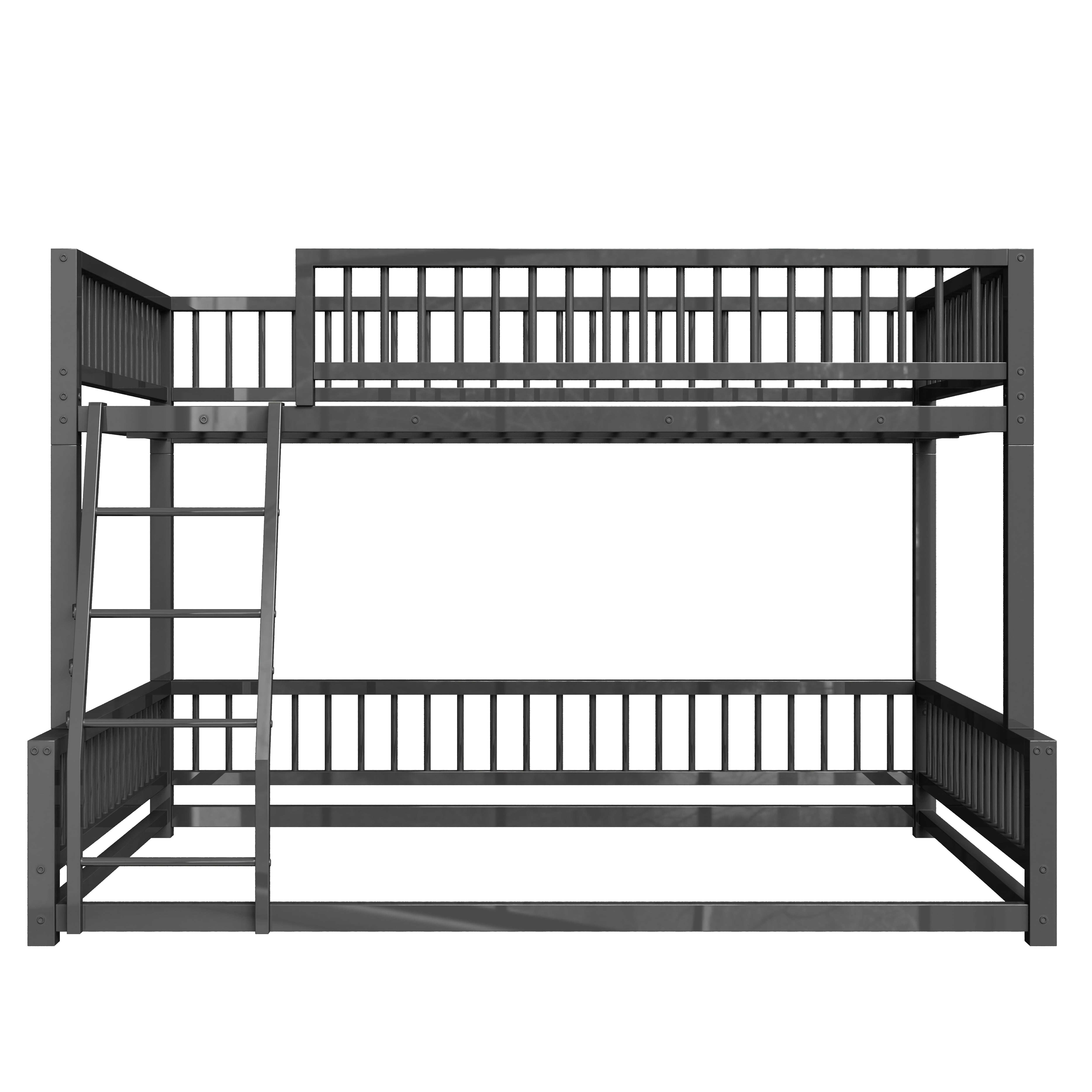 Leumius Full XL over Queen Bunk Bed,Heavy Duty Metal Bunk Beds for Adults and Kids,Floor Bed Frame with Ladder and Safety Guardrails, Easy Assemble,Black