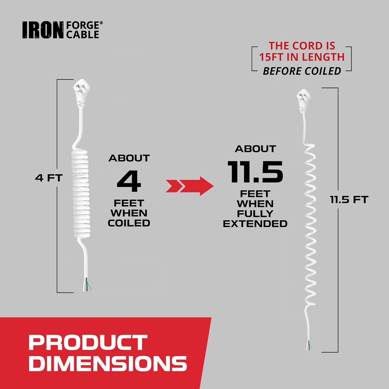 JJEAN-Iron Forge Cable 15 Amp White Replacement Coiled Extension Cord 11 ft - SJEOW Oil Resistant & Flat Plug 3 Prong, 12 Gauge Coiled Cord for Outdoor & Indoor