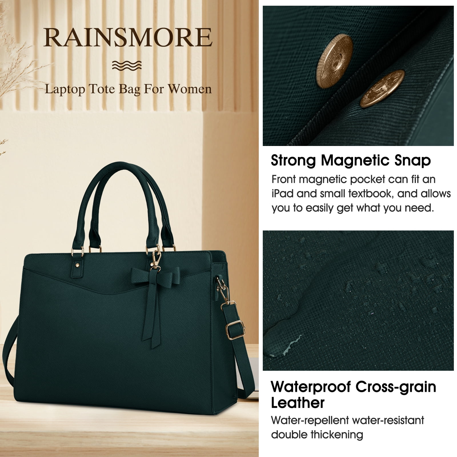 RAINSMORE Laptop Bag for Women 15.6 Inch PU Tote Bag Business Office Work Bag Waterproof Briefcase Computer Tote Lightweight Handbag Shoulder,Dark Green