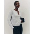 thumbnail image 4 of Women Crew Neck Drop Shoulder Button Down Cropped Knit Cardigan White Flower Ash M, 4 of 7