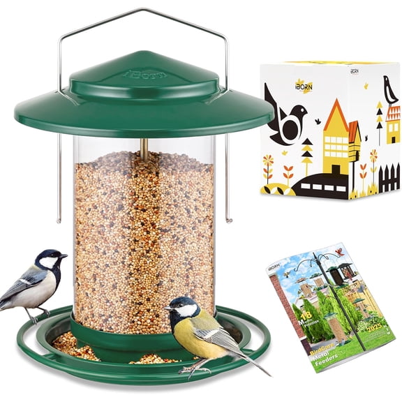 iBorn Metal Bird Feeders for Outdoors Hanging,Wild Bird Feeders for Cardinal,18cm Large Roof&Tray New Green 6 Port (Seed is not Included)
