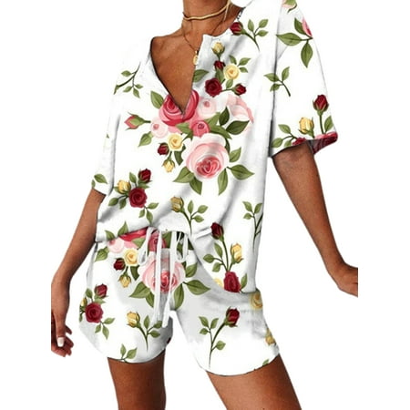 

Niuer Women Summer Loose V Neck Pajamas Sets Casual V Neck Drawstring Sleepwear Fashion Daisy Print Lounge Set