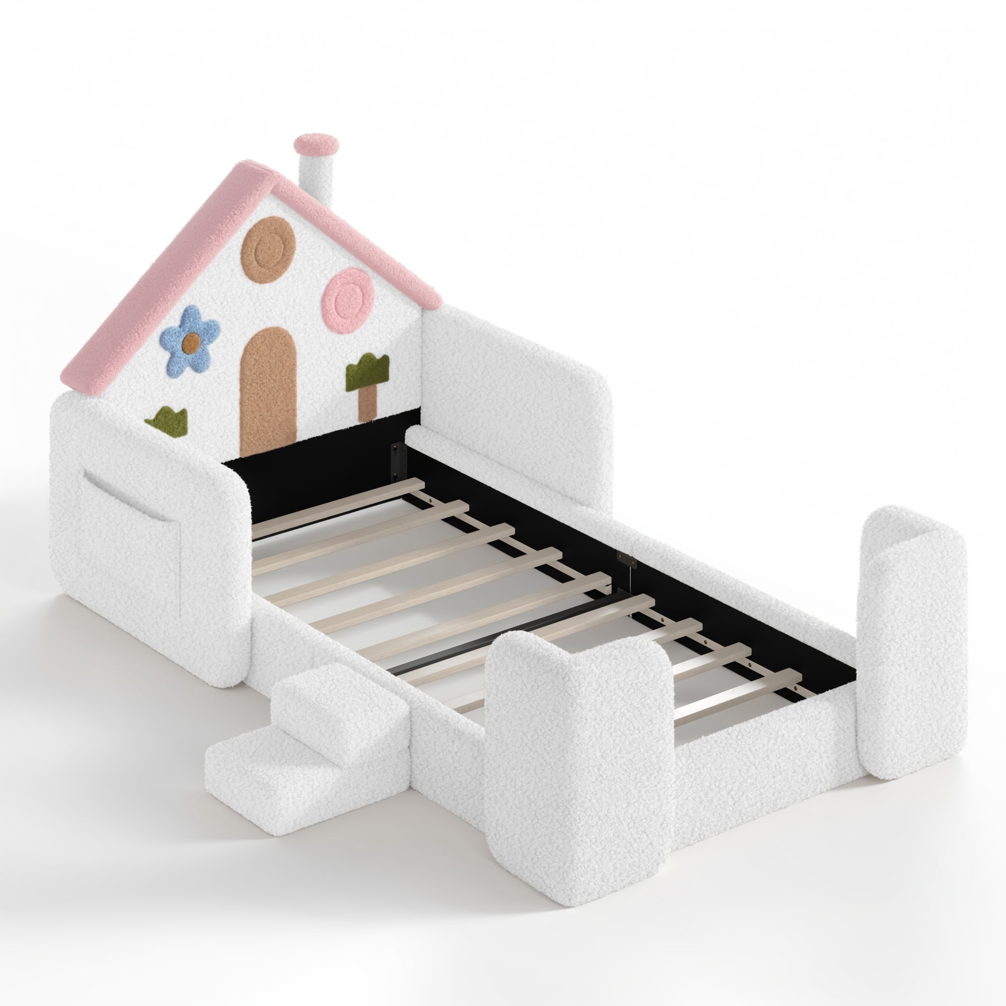 HOQBN Twin House Shaped Upholstered Floor Bed, Upholstered Kids Bed with Safety Side Rails, Low Floor Playhouse Bed for Nursery & Kids Bedroom White & Pink