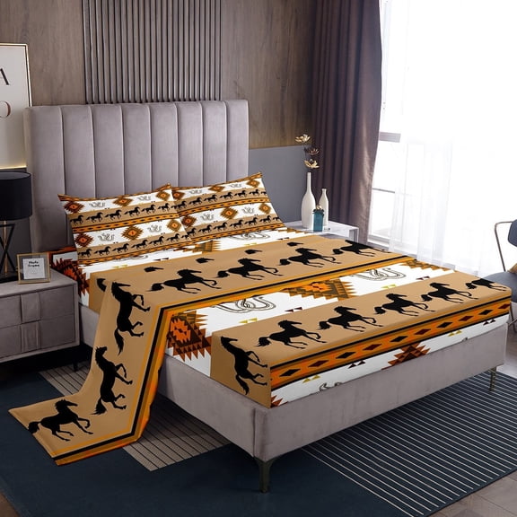 Erosebridal Rustic Farmhouse Horse Bed Sheets Set Twin Size, Brown Aztec Bedding Sets Twin Size, Lodge Cabin Bedroom Decor 3 Pieces