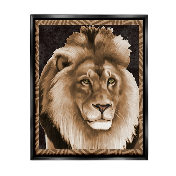 Stupell Industries Lion with Geometric Border Animals & Insects Painting Black Floater Framed Canvas Art Print Wall Art, 17 x 21