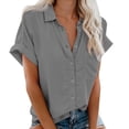 thumbnail image 1 of Camisas Bouanq para mujer, blusas de algodón de manga corta con cuello en V, túnicas casuales de color liso, blusas de talla grande con bolsillos, 1 of 4