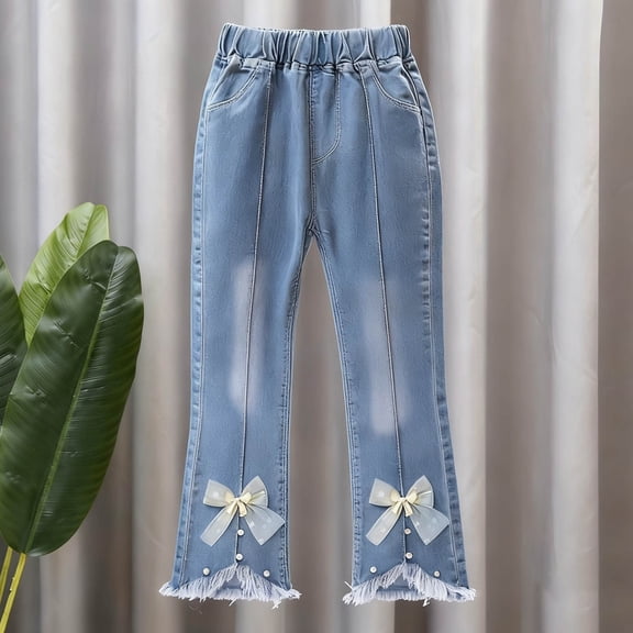 Girls Jeans Light Blue Bootcut Elastic Waist Bow & Pearl Detail Frayed Hem Pants for Kids 2-13 Years,Size 9-10 T
