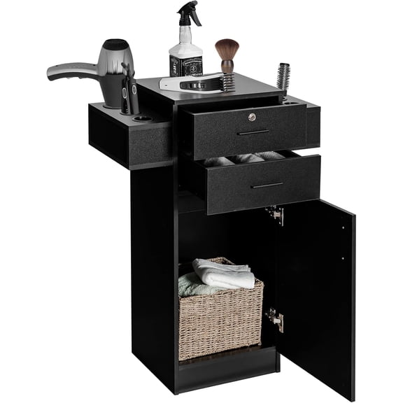 LOKO Beauty Salon Storage Cabinet for Hair Stylist, Barber Salon Station with 6 Dryer Holders, 1 Lockable Drawer, 1 Cabinet & Anti-toppling Device, Spa Equipment Barber Station for Spa & Salon