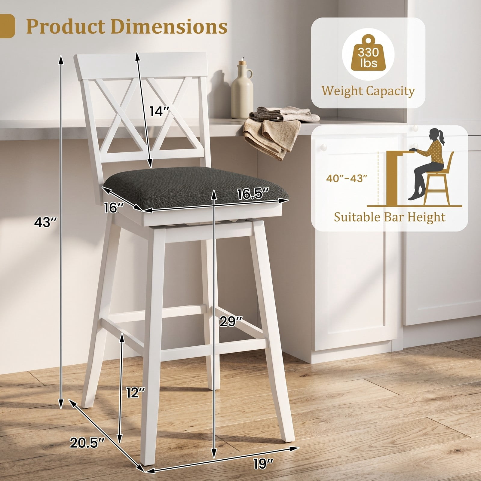 Furnibear Set of 2 Swivel Bar Stools 29 Inch Counter Height Barstools with Backrest Upholstered Linen Seat Cushion Rubber Wood Frame for Kitchen Island Pub, Oak White