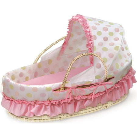Badger Basket Natural Moses Basket with Fabric Canopy, Pink and Sage Dot
