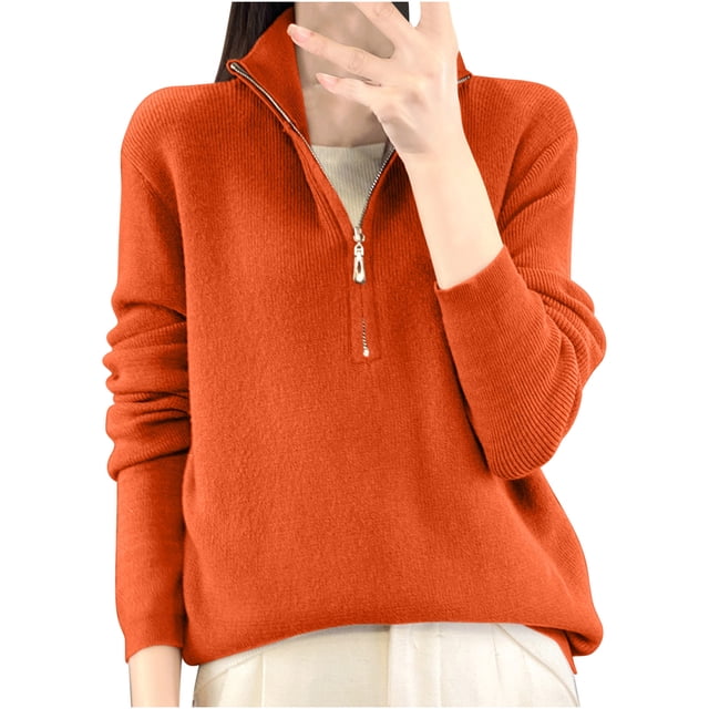 cfhntfmh Chandails à Fermeture à Glissière 1/4 pour Femmes Chandail Uni Col Roulé Simulé chandail Mode Automne Tenue d'Hiver
