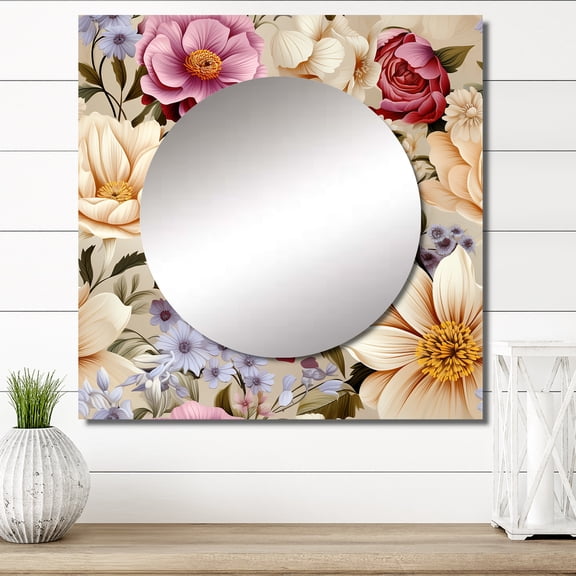 Designart "Blossoming Spring Array" floral Square Mirror For Wall Decor - Large Multicolor Square Printed Wall Mirror Art - Square Cottage Mirror - Wall Mounted Square Large Mirror