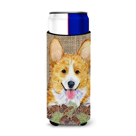 Corgi on Faux Burlap with Pine Cones Ultra Hugger for slim cans