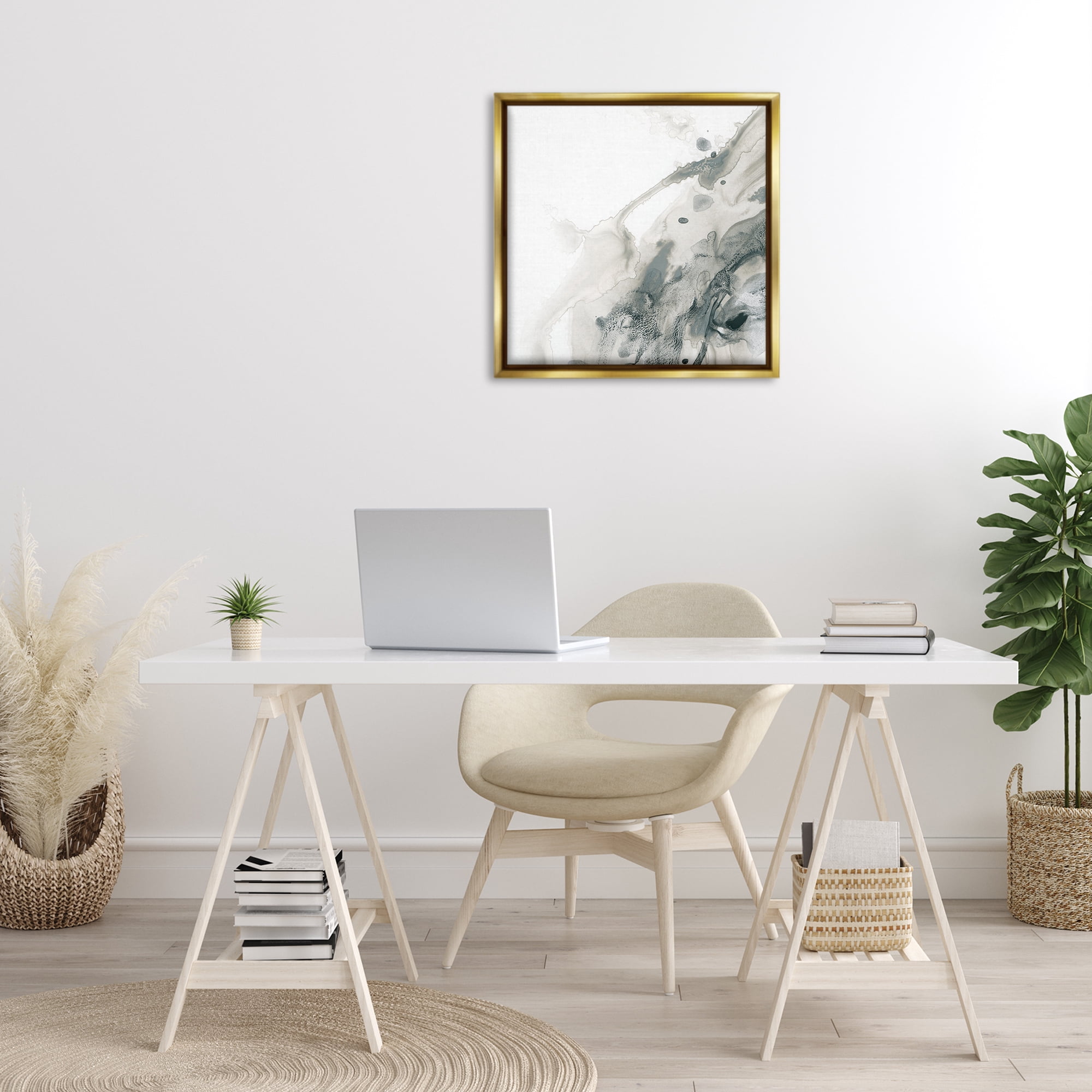 Stupell Industries Grey Splash on White Abstract Painting Gold Floater Framed Canvas Art Print Wall Art, 25 x 25
