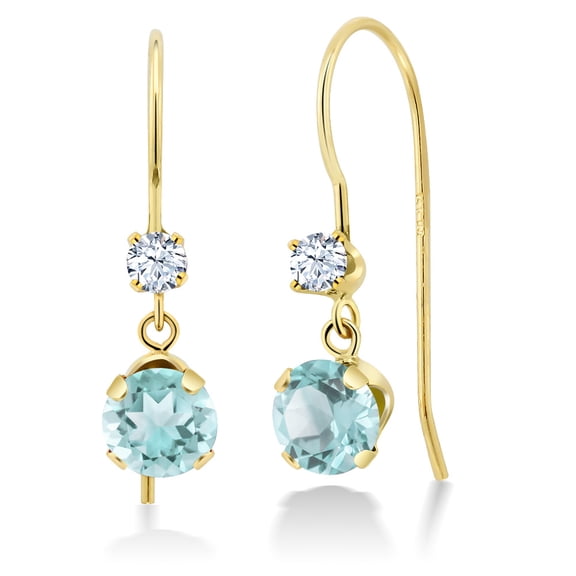 Gem Stone King 14K Yellow Gold Sky Blue Topaz and White Created Sapphire French Wire Dangle Hook Earrings for Women (1.10 Cttw, Gemstone November Birthstone, Round 5MM and 2.5MM)