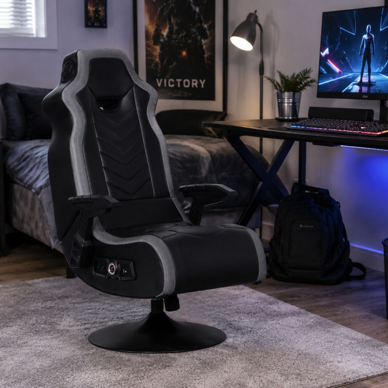 Black RGB Pedestal Gaming Chair with Fixed Armrest, 33" x 25" x 45"