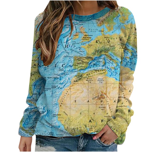Moda mujer manga larga otoño impresión o-cuello blusa sudaderas jerseys camisas Tops Fridja fhghd1712