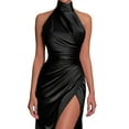 thumbnail image 2 of Halter Bridesmaid Dresses Long with Slit Satin Prom Dress Pleated Mermaid Formal Gown Evening Dress Black L, 2 of 7