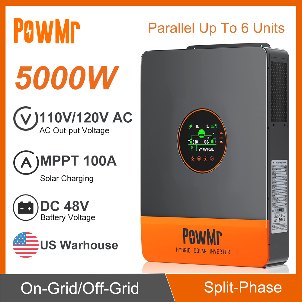 5000W Split Phase120V 110V AC Grid Tie 48V All In One Hybrid Inverter Built 100A MPPT Solar Charger Max Parallel 6 Inverters