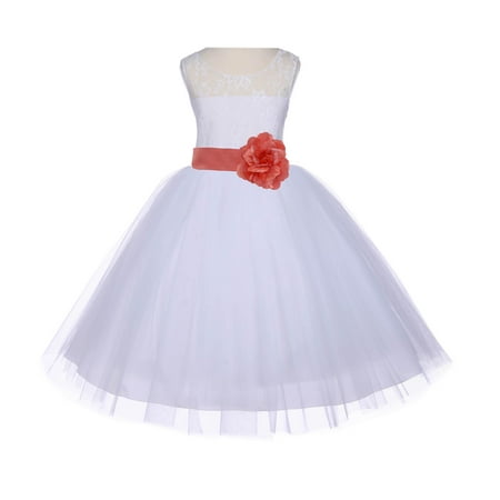 Ekidsbridal White Lace Bodice Flower Girl Dress Tulle Junior Bridesmaid Wedding Pageant Toddler Recital Easter Holiday First Communion Birthday Baptism Special Occasions Gown