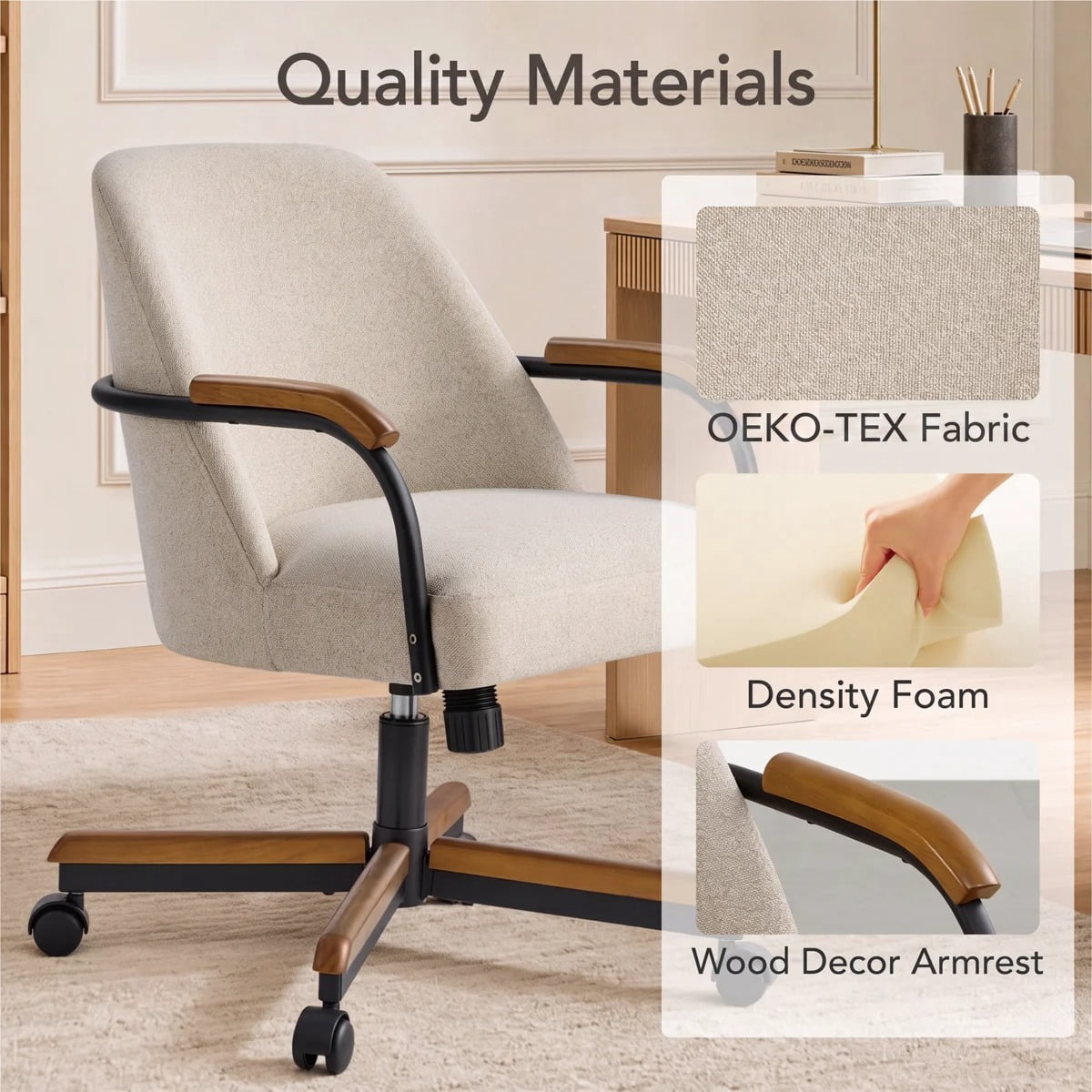 Spruce & Spring Swivel Dining Chairs Set of 2, Upholstered Tilt Chairs with Caster Wheels, Metal Frame & Wood Accents, for Dining Room, Kitchen & Home Office, Sand Fabric