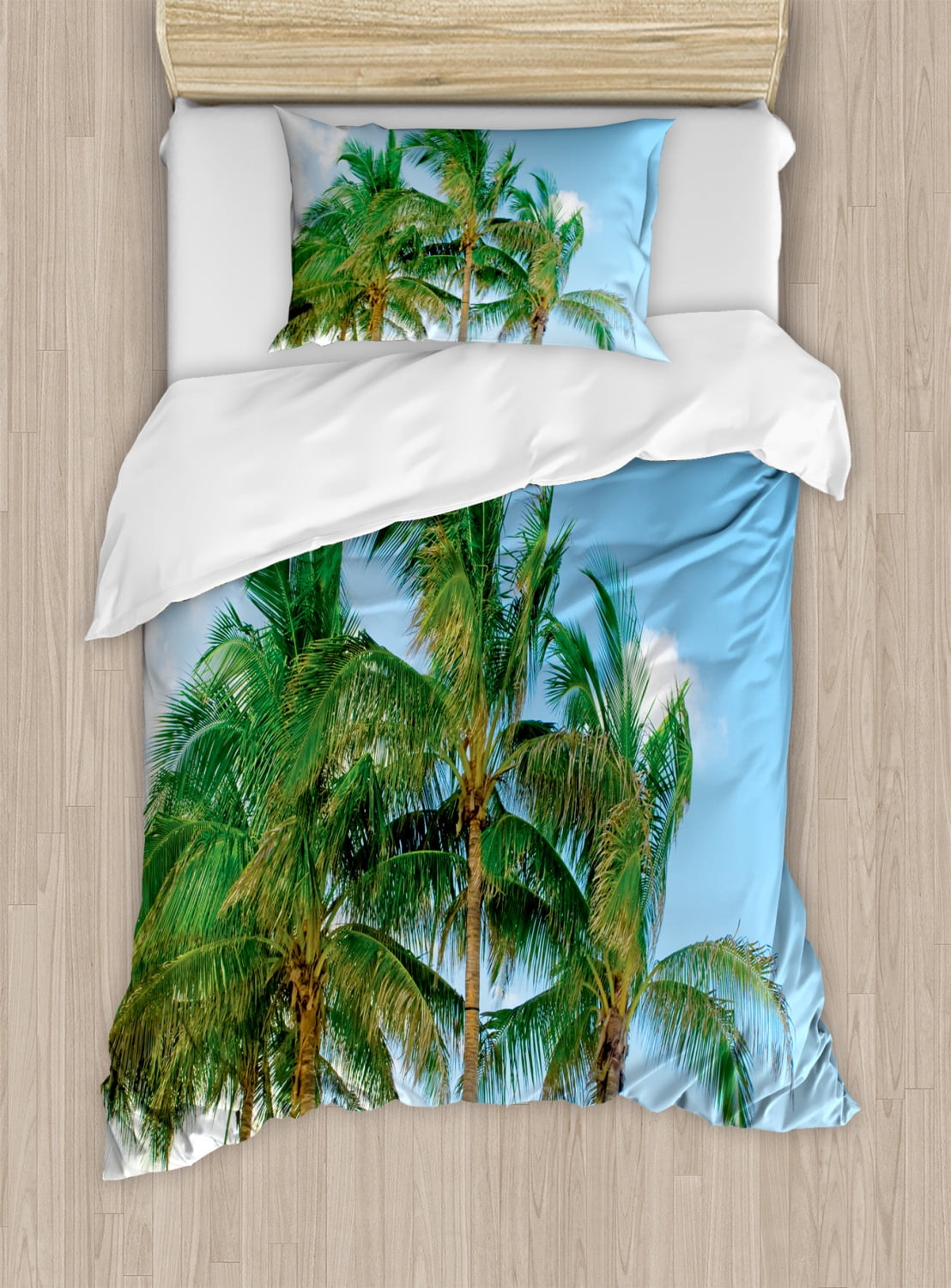 Tropical Duvet Cover Set Twin Size, Palm Tree Tops in the Sunny Sky
