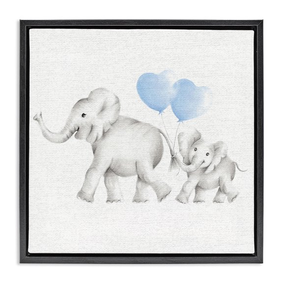 Stupell Industries Coastal Elephant Family with Blue Balloons Black Floating Frame Canvas Art, 18 x 18, by Studio Q
