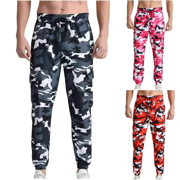 BiZtdJrK Mens Slim Fit Cargo Pants Fashion Camouflage Athletic Joggers Pants Casual Drawstring Tapered Sweatpants Multi Pockets Tactical Work Trousers Pink L