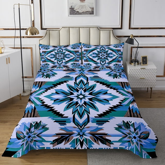 Erosebridal Western Aztec Coverlet Set Queen, 3 Pieces Navy Blue Bedding Set, Tribal Decor