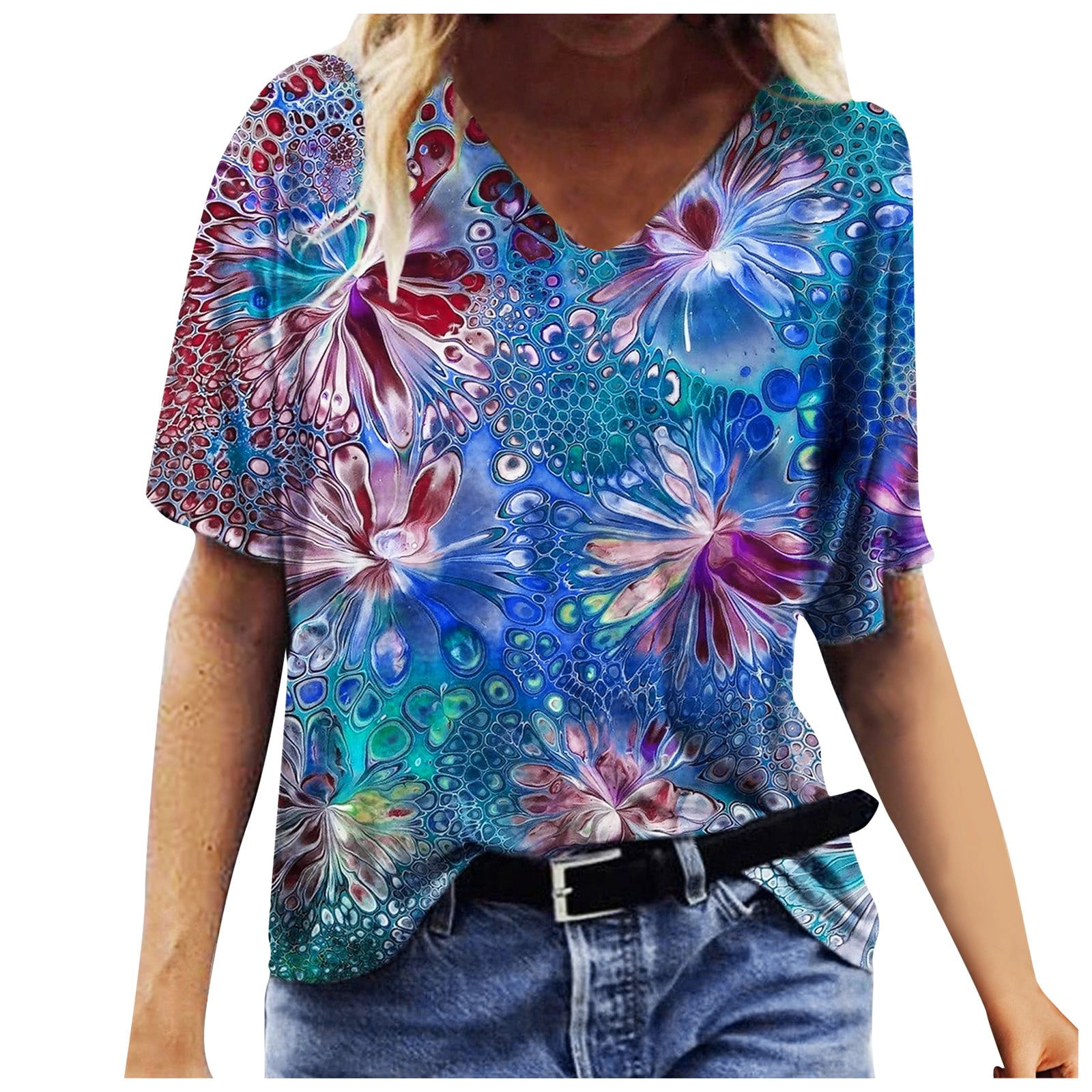 Womens Short Sleeve Shirts Cute Printed V-Neck Tshirts Blouse Summer Casual Tops Loose Fit Graphic Tees 