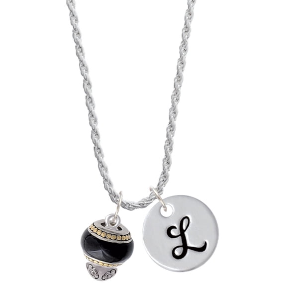 Delight Jewelry Two-tone Black Round Spinner Silvertone Script Initial Disc - L - Charm Necklace, 20"+3"
