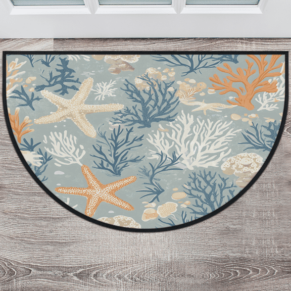 CURLYOOT Summer Tropical Seashell Starfish Coral Half Round Door Mat 40'' x 63'', Indoor Outdoor Entrance Rug, Semi Circular Area Rug, Non Slip Washable Absorbent Doormat, Laundry Room Rug