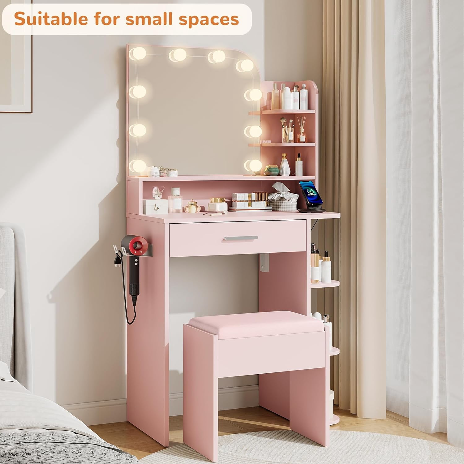 Makeup Vanity Set with Chair, Vanity Desk with Mirror and Lights, Power Outlet for Small Space, Pink