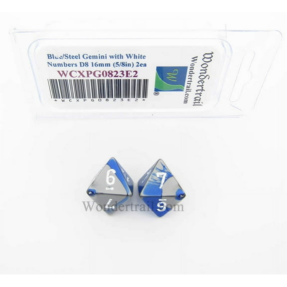 Blue and Steel Gemini Dice with White Numbers D8 Aprox 16mm (5/8in) Pack of 2 Wondertrail